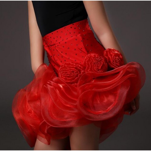 Black leotard top red  rhinestones skirt girls competition latin dance dresses outfits